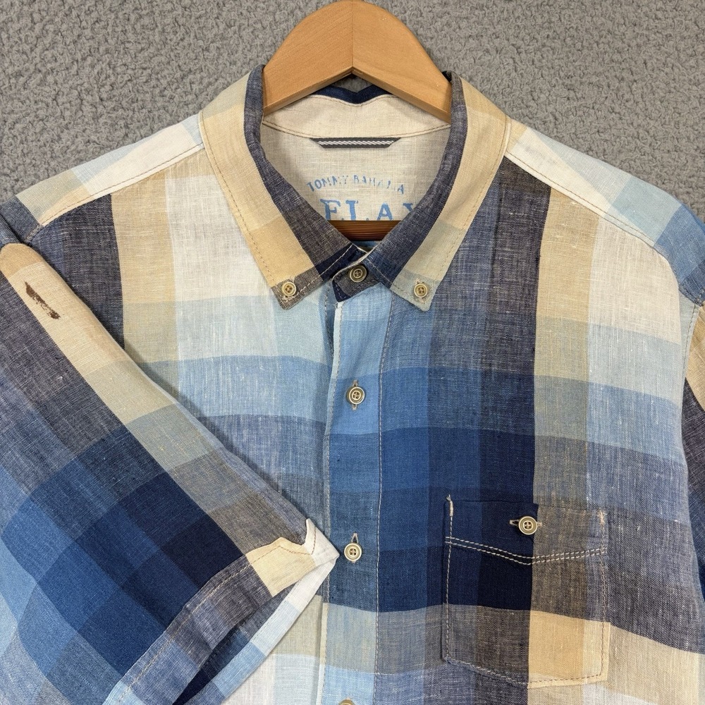 Tommy Bahama Men's Shirt Large Blue Colorblock 100% Linen Camp Short Sleeve